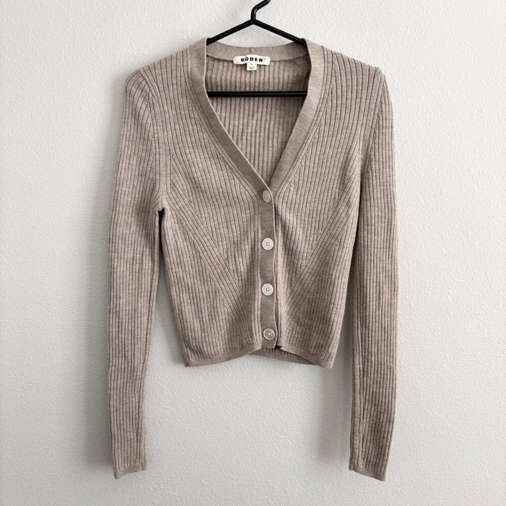 Boden Merino Ribbed V Neck Cardigan Tan Beige Size M